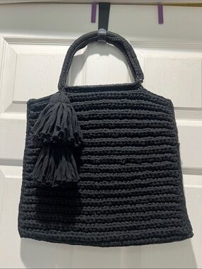 Binge Black Crochet Tassel Tote Bag - Women's Handheld Crochet Tote